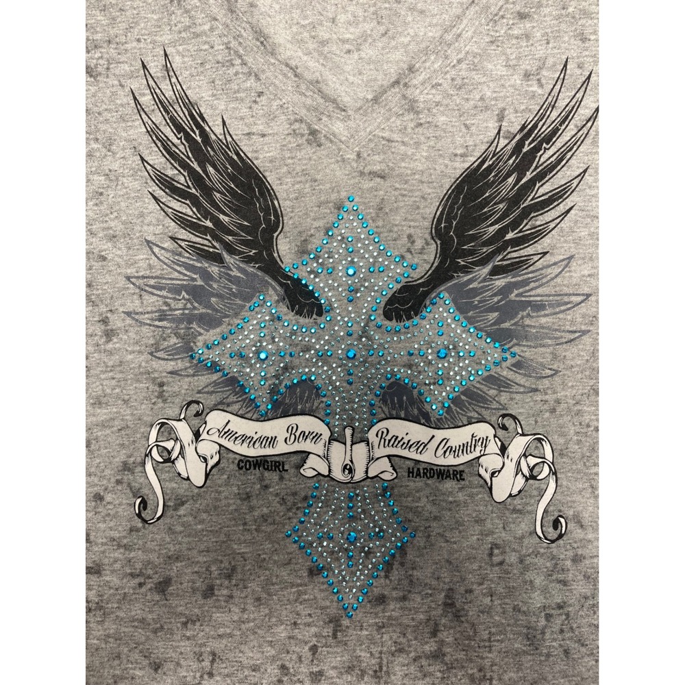 Cowgirl Hardware Gray Burnout Western Top | Turquoise Cross Wings | XL - Picture 7 of 9
